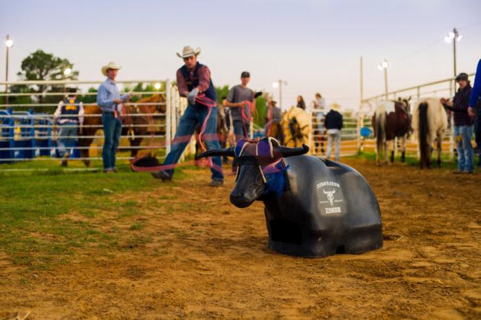 Students roping a plastic steer.